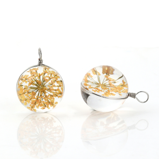 Picture of Glass & Dried Flower Charms Ball Orange Transparent 28mm(1 1/8") x 20mm( 6/8"), 2 PCs