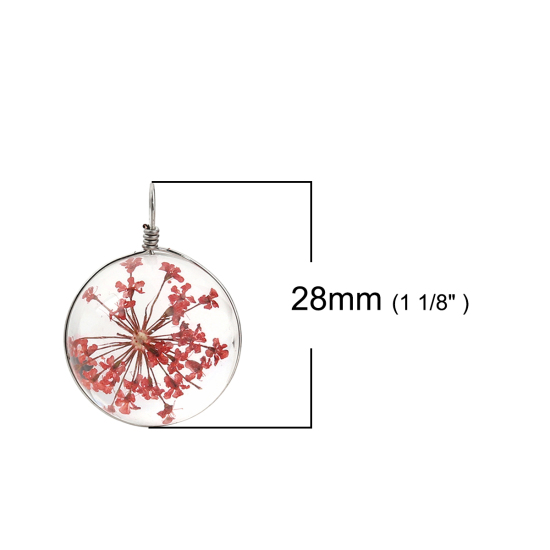 Picture of Glass & Dried Flower Charms Ball Red Transparent 28mm(1 1/8") x 20mm( 6/8"), 2 PCs