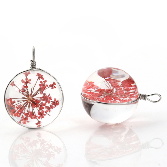Picture of Glass & Dried Flower Charms Ball Red Transparent 28mm(1 1/8") x 20mm( 6/8"), 2 PCs