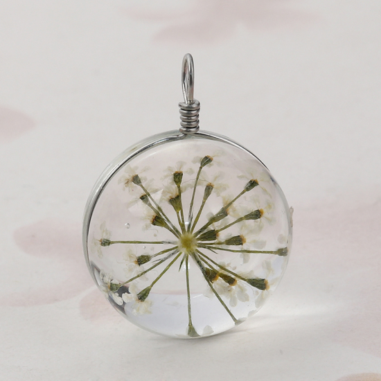 Imagen de Vidrio & Flor Seco Colgantes Charms Bola Blanco Transparente 28mm x 20mm, 2 Unidades