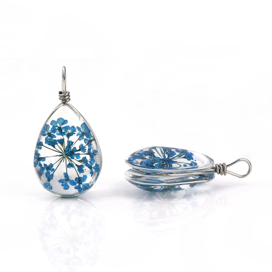 Picture of Glass & Dried Flower Charms Drop Peacock Blue Transparent 25mm x13mm(1" x 4/8") - 24mm x13mm(1" x 4/8"), 2 PCs