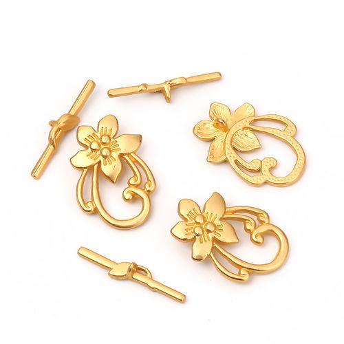 Picture of Zinc Based Alloy Toggle Clasps Flower Matt Gold 30mm x 20mm 30mm x 5mm, 3 Sets