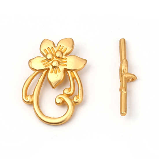 Picture of Zinc Based Alloy Toggle Clasps Flower Matt Gold 30mm x 20mm 30mm x 5mm, 3 Sets