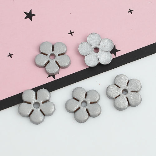 Picture of Real Leather Earring Components Pendants Silver Flower 12mm( 4/8") x 12mm( 4/8"), 10 PCs