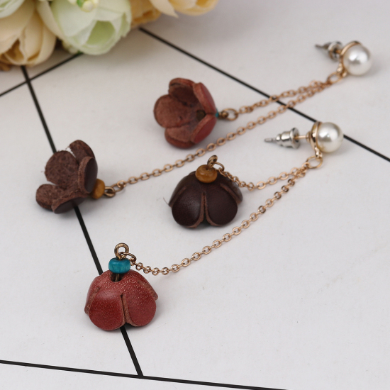 Picture of Real Leather Earring Components Pendants Khaki Flower 26mm x25mm(1" x1") - 25mm x24mm(1" x1"), 3 PCs