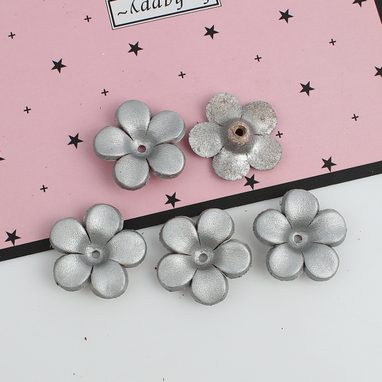 Picture of Real Leather Earring Components Pendants Silver Flower 26mm x25mm(1" x1") - 25mm x24mm(1" x1"), 3 PCs