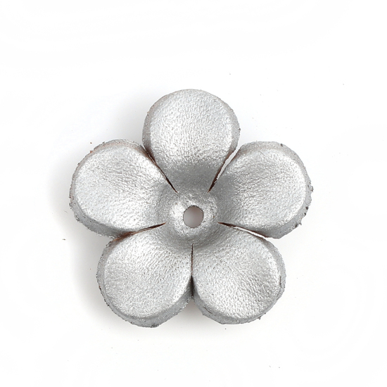 Picture of Real Leather Earring Components Pendants Silver Flower 26mm x25mm(1" x1") - 25mm x24mm(1" x1"), 3 PCs