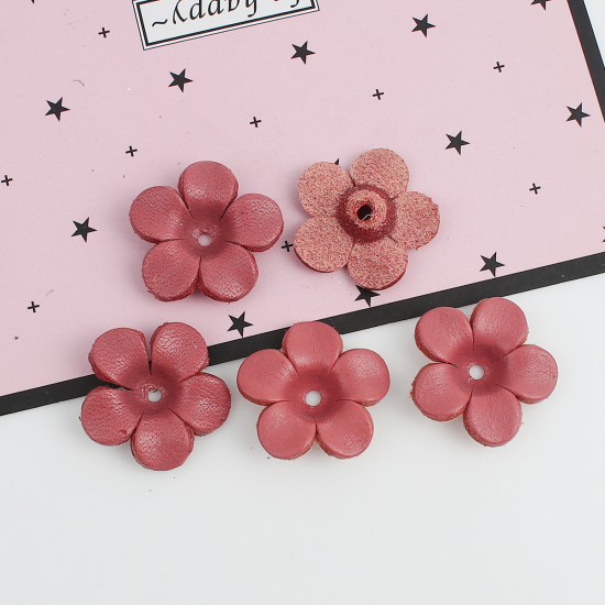 Picture of Real Leather Earring Components Pendants Dark Pink Flower 26mm x25mm(1" x1") - 25mm x24mm(1" x1"), 3 PCs