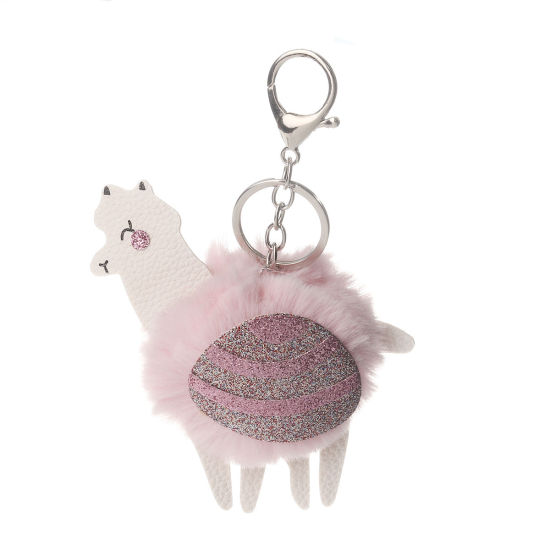Picture of Plush Keychain & Keyring Alpaca Animal Pink Golden Pom Pom Ball Glitter 15cm, 1 Piece