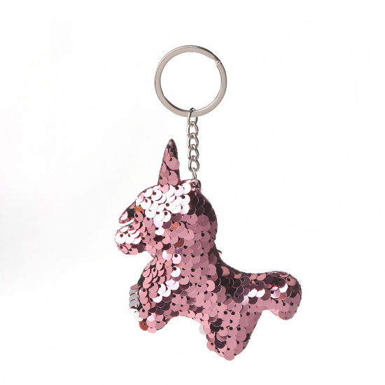 Picture of PVC Paillette Sequin Keychain & Keyring Horse Animal Silver Tone Pink 13cm, 2 PCs