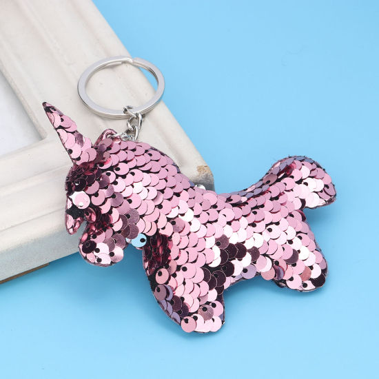 Picture of PVC Paillette Sequin Keychain & Keyring Horse Animal Silver Tone Pink 13cm, 2 PCs