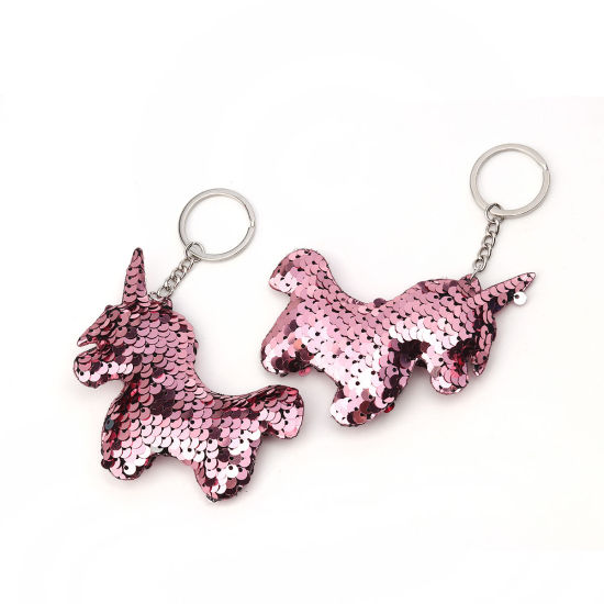 Picture of PVC Paillette Sequin Keychain & Keyring Horse Animal Silver Tone Pink 13cm, 2 PCs