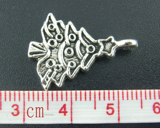 Picture of 40PCs Antique Silver Color Christmas Tree Charms Drops 24*17mm