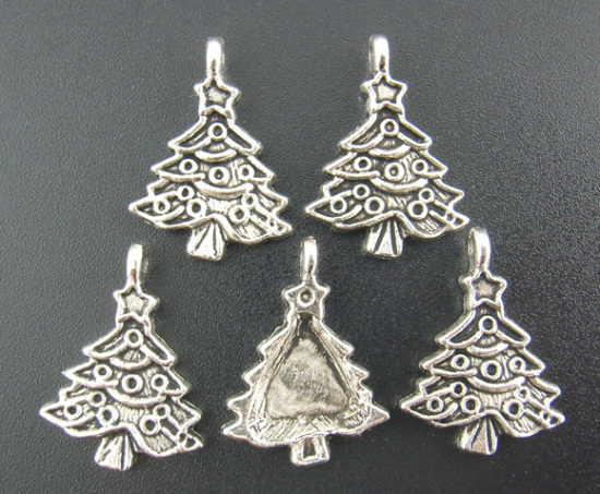 Picture of 40PCs Antique Silver Color Christmas Tree Charms Drops 24*17mm