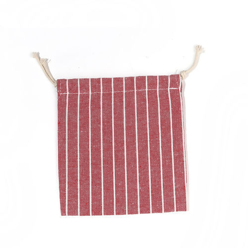 Image de Sachet en Tissu avec Cordon de Serrage en Coton & Lin Forme Rectangle Rouge, Rayées (Espace utilisable: 15cm x 14cm -14cm x 12cm） 16cm x 15cm - 15cm x 14cmm, 2 Pcs
