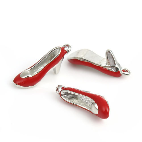 Immagine di Lega di Zinco 3D Charms Scarpe col Tacco Alto Tono Argento Rosso Smalto 22mm x 10mm , 10 Pz