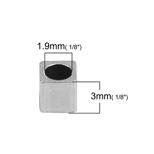 Imagen de 304 Acero Inoxidable Cuentas Cuadrado Tono de Plata 3mm x 3mm, Agujero: Aprox 1.9mm, 20 Unidades