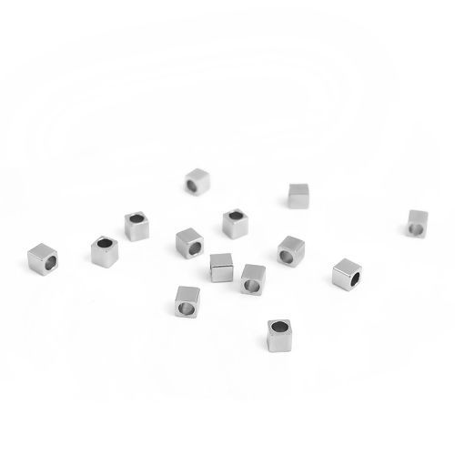Imagen de 304 Acero Inoxidable Cuentas Cuadrado Tono de Plata 3mm x 3mm, Agujero: Aprox 1.9mm, 20 Unidades