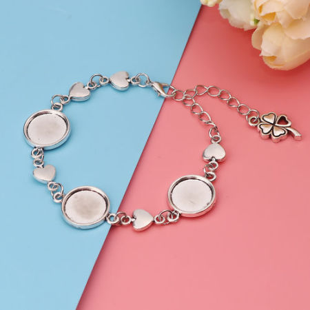 Picture of Bracelets Four Leaf Clover Antique Silver Color Heart Cabochon Settings (Fits 14mm Dia.) 17.5cm(6 7/8") long, 2 PCs
