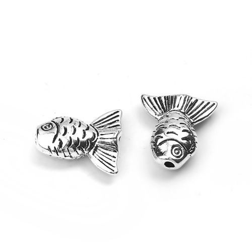 亜鉛合金 スペーサー ビーズ 魚 銀古美 16mm x 15mm、 穴：約 1.6mm、 30 個 の画像