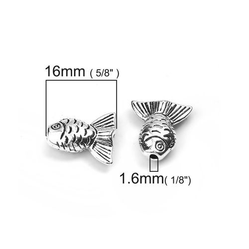 亜鉛合金 スペーサー ビーズ 魚 銀古美 16mm x 15mm、 穴：約 1.6mm、 30 個 の画像