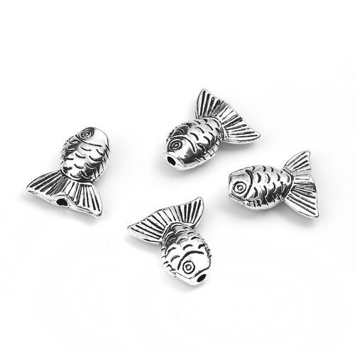 亜鉛合金 スペーサー ビーズ 魚 銀古美 16mm x 15mm、 穴：約 1.6mm、 30 個 の画像