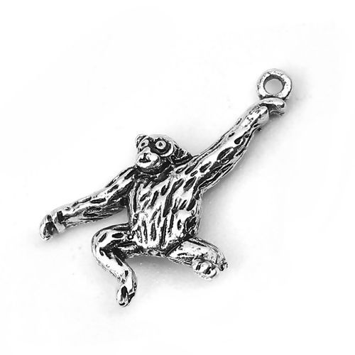 Picture of Brass 3D Charms Monkey Animal Antique Silver Color 21mm( 7/8") x 13mm( 4/8"), 5 PCs