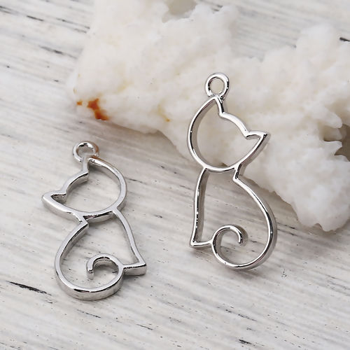 Image de Breloques en Alliage de Zinc Chat Argent Mat 26mm x 12mm, 10 Pcs