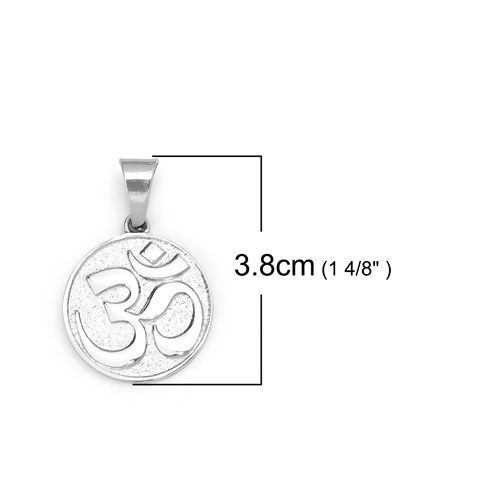 Picture of 304 Stainless Steel Pendants Round Silver Tone Yoga OM/ Aum Sparkledust 38mm(1 4/8") x 25mm(1"), 1 Piece