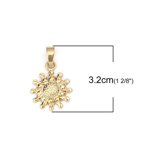 Изображение 304 Stainless Steel Pendants Sunflower Gold Plated 32mm(1 2/8") x 20mm( 6/8"), 1 Piece