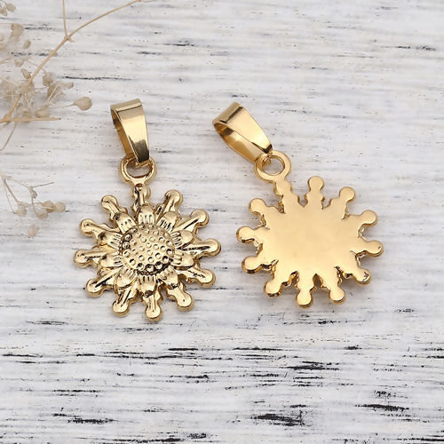 Изображение 304 Stainless Steel Pendants Sunflower Gold Plated 32mm(1 2/8") x 20mm( 6/8"), 1 Piece