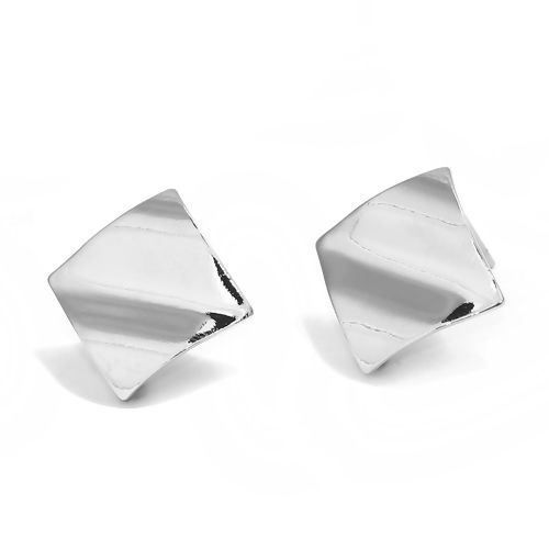 Picture of Brass Ear Post Stud Earrings Real Platinum Plated Rhombus W/ Loop 17mm( 5/8") x 17mm( 5/8"), Post/ Wire Size: (20 gauge), 4 PCs                                                                                                                               