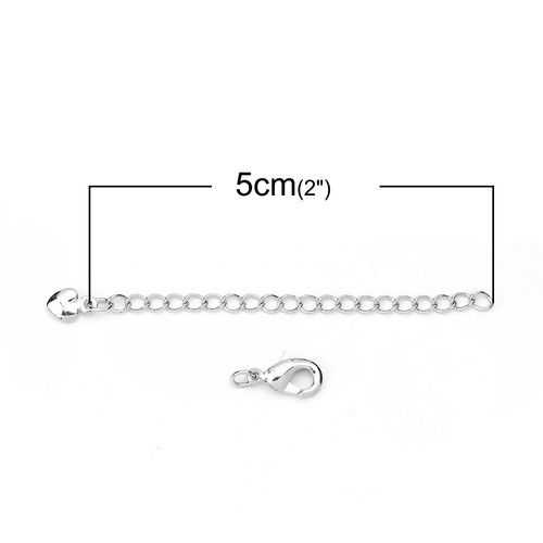 Image de Chaînes d'ExtensionPour Colliers Bracelets en Laiton Plaqué Platine Véritable Cœur 6.5cm long, Longueur de Chaîne Utilisable: 5cm, 5 Pcs