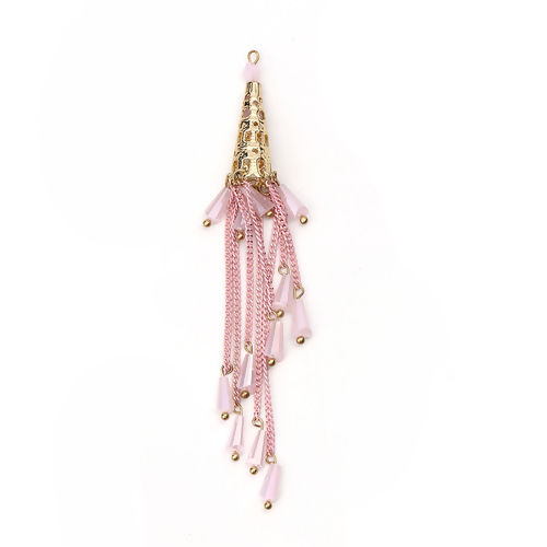 Image de 1 Pièce Pendentifs Franges en Laiton & Verre Cône Doré Rose 9.8cm x 1cm