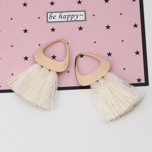 Picture of Polyester Tassel Pendants Triangle Gold Plated White About 6.6cm(2 5/8") x 4.5cm(1 6/8"), 5 PCs