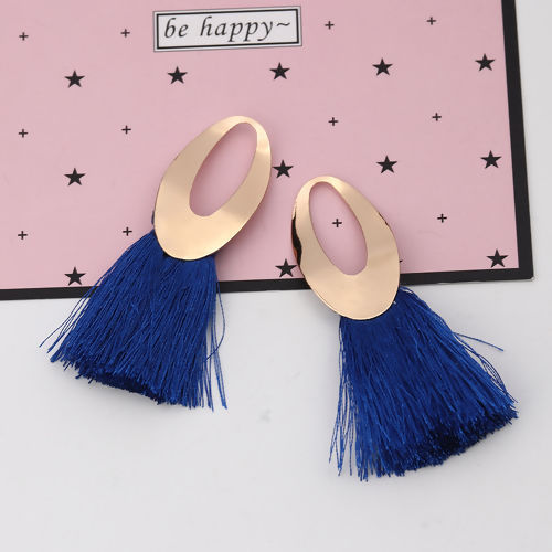 Picture of Polyester Tassel Pendants Oval Gold Plated Royal Blue About 7.1cm x5cm(2 6/8" x2") - 6.8cm x4cm(2 5/8" x1 5/8"), 5 PCs