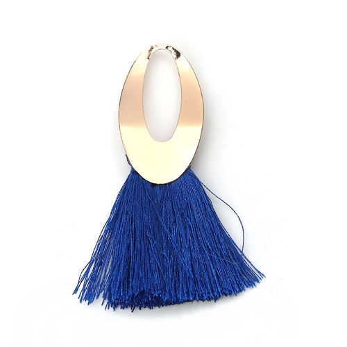 Picture of Polyester Tassel Pendants Oval Gold Plated Royal Blue About 7.1cm x5cm(2 6/8" x2") - 6.8cm x4cm(2 5/8" x1 5/8"), 5 PCs