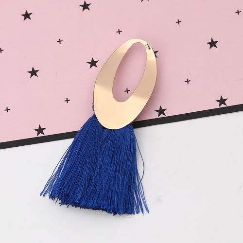 Picture of Polyester Tassel Pendants Oval Gold Plated Royal Blue About 7.1cm x5cm(2 6/8" x2") - 6.8cm x4cm(2 5/8" x1 5/8"), 5 PCs
