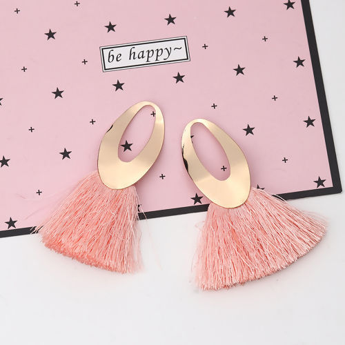 Picture of Polyester Tassel Pendants Oval Gold Plated Pink About 7.1cm x5cm(2 6/8" x2") - 6.8cm x4cm(2 5/8" x1 5/8"), 5 PCs