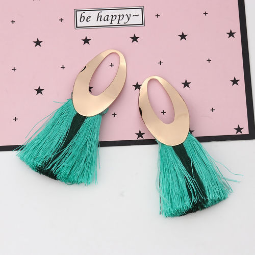 Picture of Polyester Tassel Pendants Oval Gold Plated Green Blue About 7.1cm x5cm(2 6/8" x2") - 6.8cm x4cm(2 5/8" x1 5/8"), 5 PCs