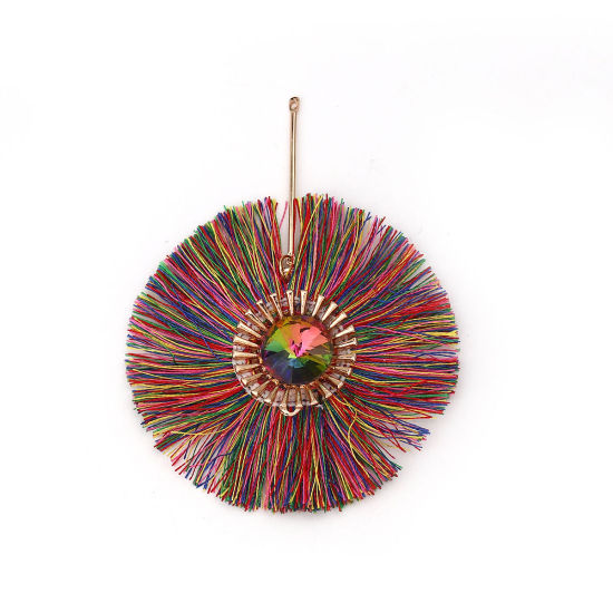 Picture of Polyester Tassel Pendants Flower Gold Plated Multicolor Faceted About 8.5cm(3 3/8") x 6.5cm(2 4/8"), 2 PCs