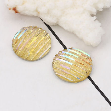 Picture of Resin AB Rainbow Color Aurora Borealis Dome Seals Cabochon Round Pale Yellow Stripe Pattern Glitter 16mm( 5/8") Dia, 100 PCs