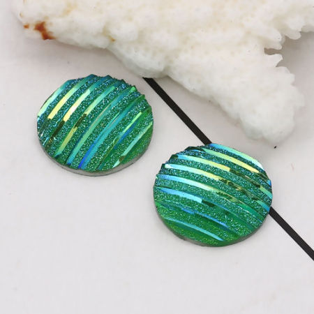 Picture of Resin AB Rainbow Color Aurora Borealis Dome Seals Cabochon Round Green Stripe Pattern Glitter 16mm( 5/8") Dia, 100 PCs
