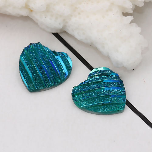 Picture of Resin AB Rainbow Color Aurora Borealis Dome Seals Cabochon Heart Green Blue Stripe Pattern Glitter 12mm( 4/8") x 12mm( 4/8"), 100 PCs