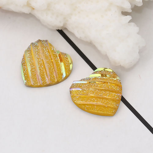 Picture of Resin AB Rainbow Color Aurora Borealis Dome Seals Cabochon Heart Yellow Stripe Pattern Glitter 12mm( 4/8") x 12mm( 4/8"), 100 PCs