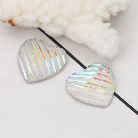 Picture of Resin AB Rainbow Color Aurora Borealis Dome Seals Cabochon Heart White Stripe Pattern Glitter 16mm( 5/8") x 16mm( 5/8"), 100 PCs