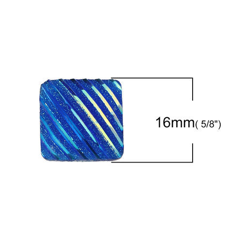 Image de Cabochon Dôme en Résine AB Couleur Irisation Aurores Boréales Carré Bleu Rayées Brillant 16mm x 16mm, 50 Pcs