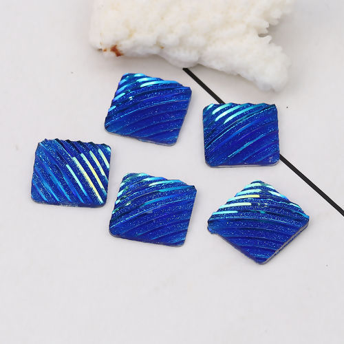 Image de Cabochon Dôme en Résine AB Couleur Irisation Aurores Boréales Carré Bleu Rayées Brillant 16mm x 16mm, 50 Pcs