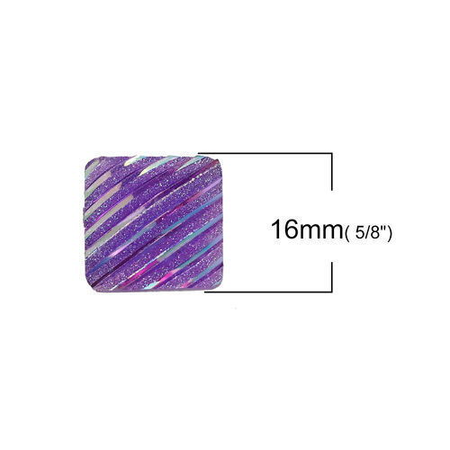 Image de Cabochon Dôme en Résine AB Couleur Irisation Aurores Boréales Carré Violet Rayées Brillant 16mm x 16mm, 50 Pcs