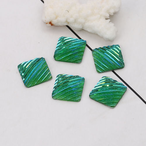 Image de Cabochon Dôme en Résine AB Couleur Irisation Aurores Boréales Carré Vert Rayées Brillant 16mm x 16mm, 50 Pcs